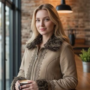 Weatherproof Garment Co. Vtg  Suede Leather Tan Embroidered Penny Lane Coat M